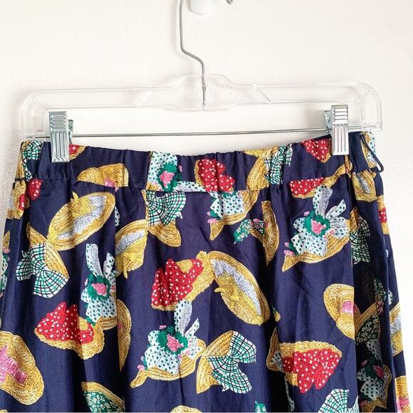 Vintage Susan Bristol Navy Straw Hat Print Pleated Midi Skirt Grandmacore 12 - Picture 8 of 9